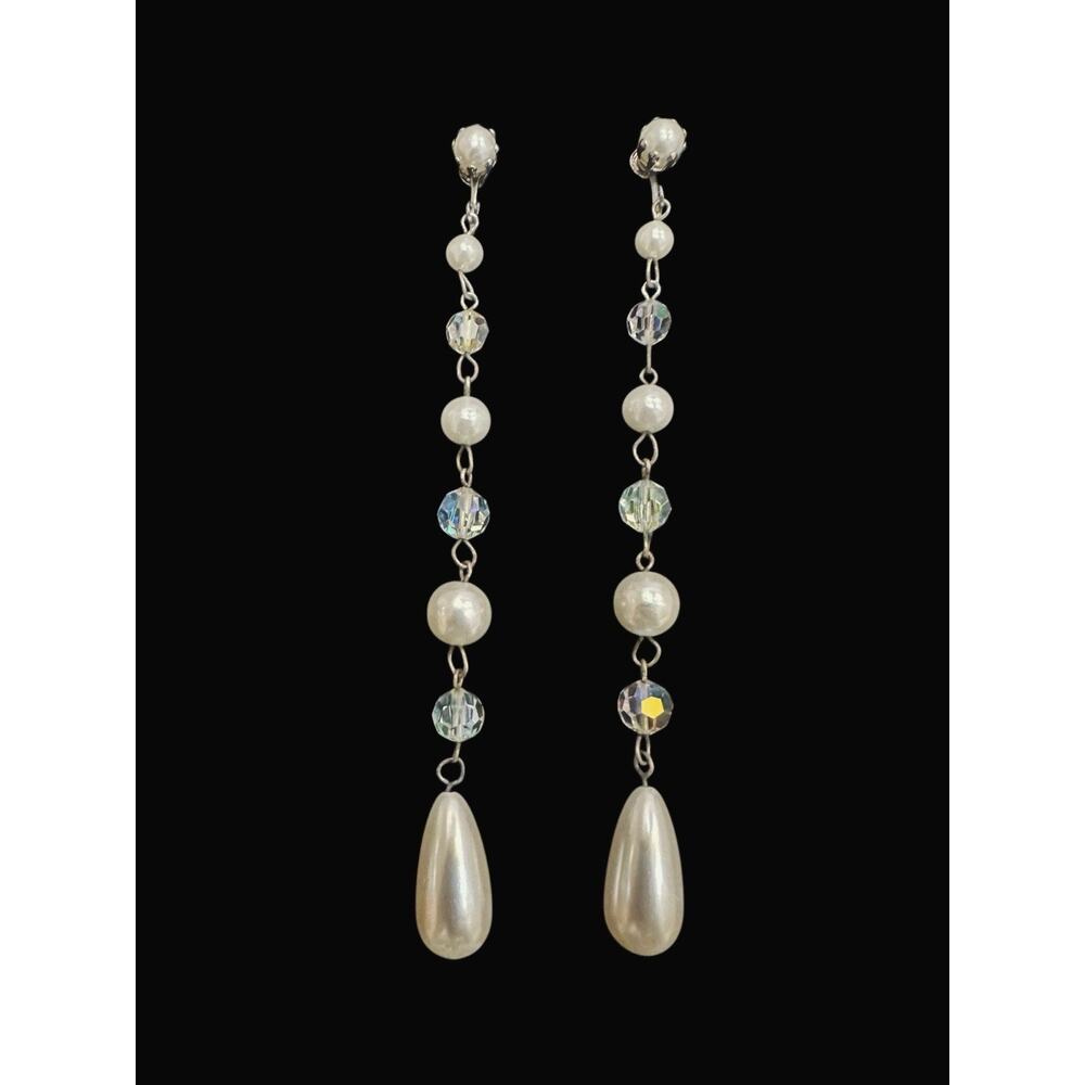 Vintage Faux Pearl AB Crystal Long Dangle Clip Earrings Silver Tone Jewelry